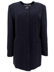 Navy Striped Pattern Design Logo Button Collarless Jacket