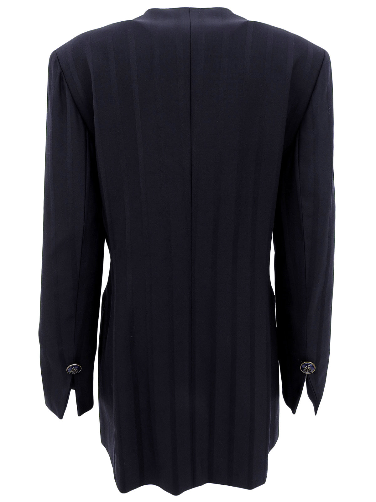 Navy Striped Pattern Design Logo Button Collarless Jacket