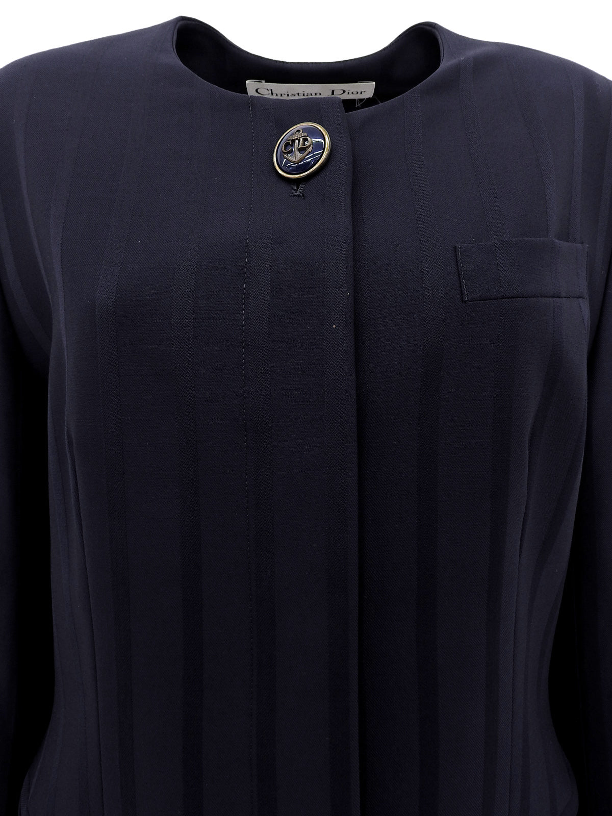 Navy Striped Pattern Design Logo Button Collarless Jacket