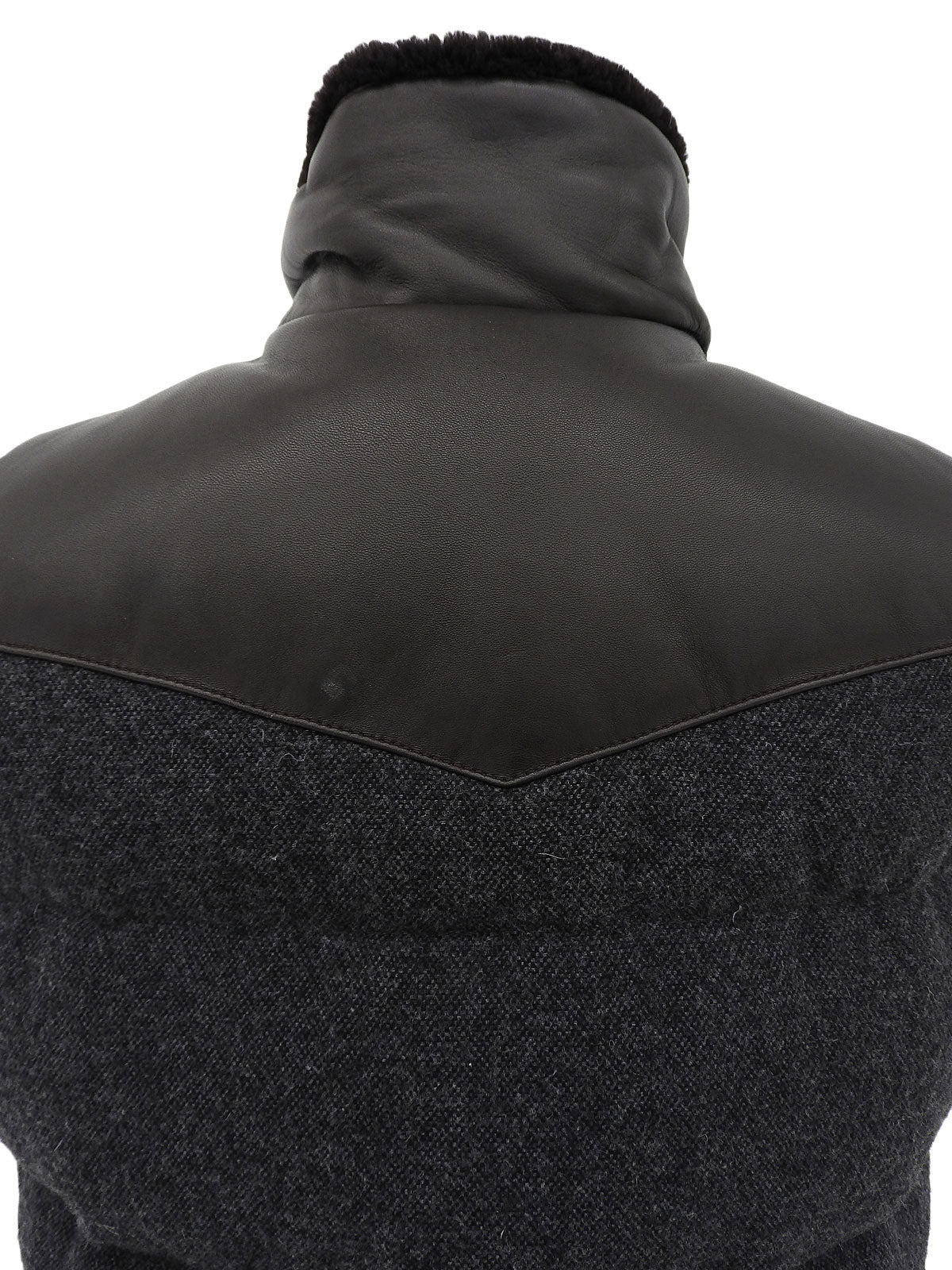 Tweed nylon combination down vest in gray/dark brown