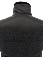 Tweed nylon combination down vest in gray/dark brown