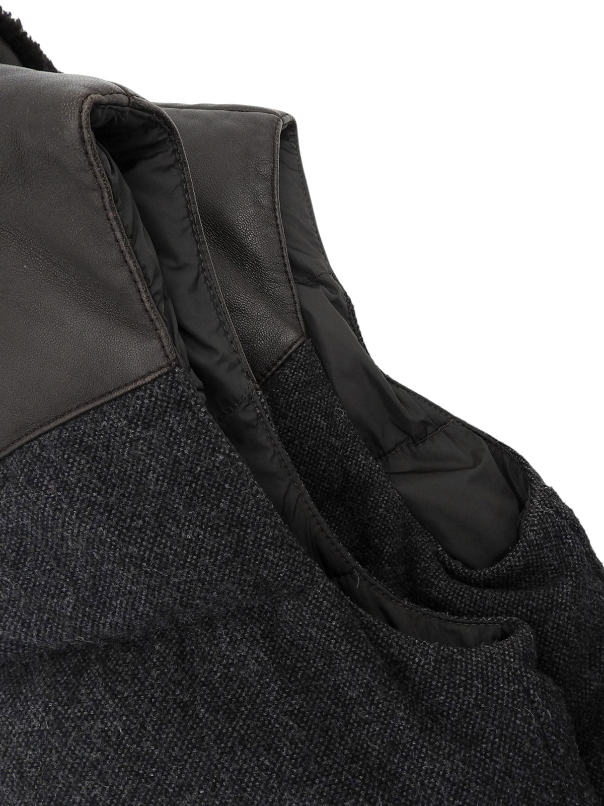 Tweed nylon combination down vest in gray/dark brown