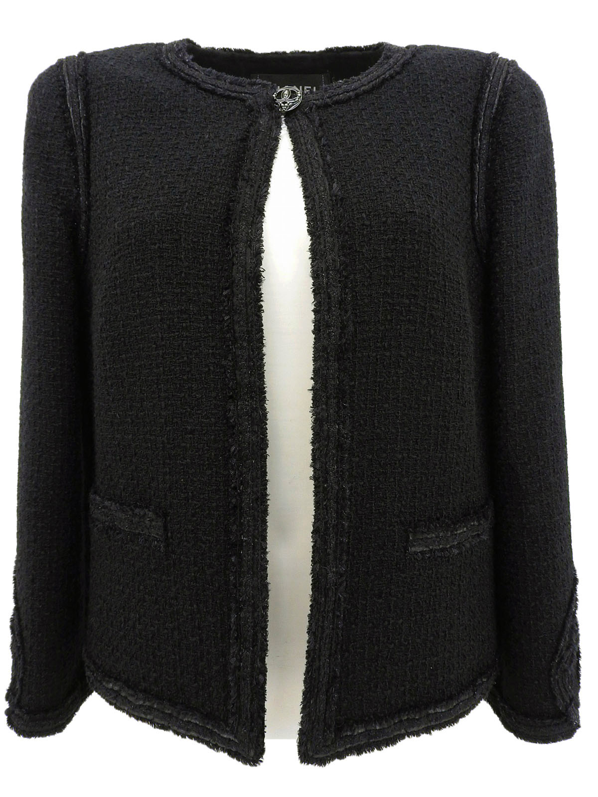 2009年製 ツイードドットCCマークボタンノーカラージャケット ブラック