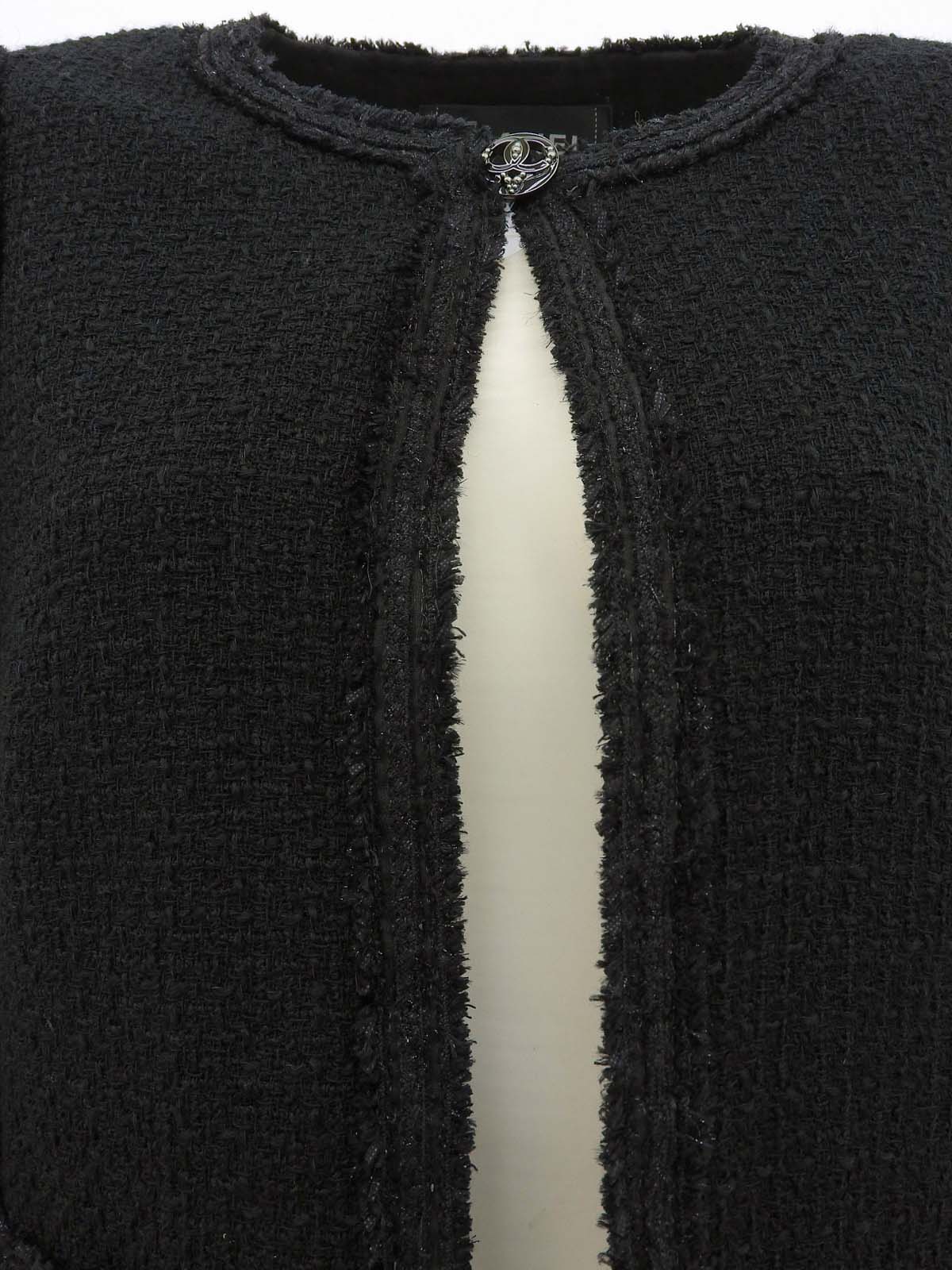 2009年製 ツイードドットCCマークボタンノーカラージャケット ブラック