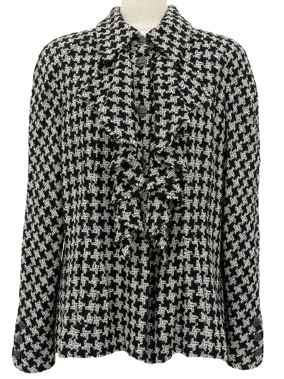 2009年製　CCボタンハウンドトゥースパターンフリルジャケット　ブラック/ホワイト