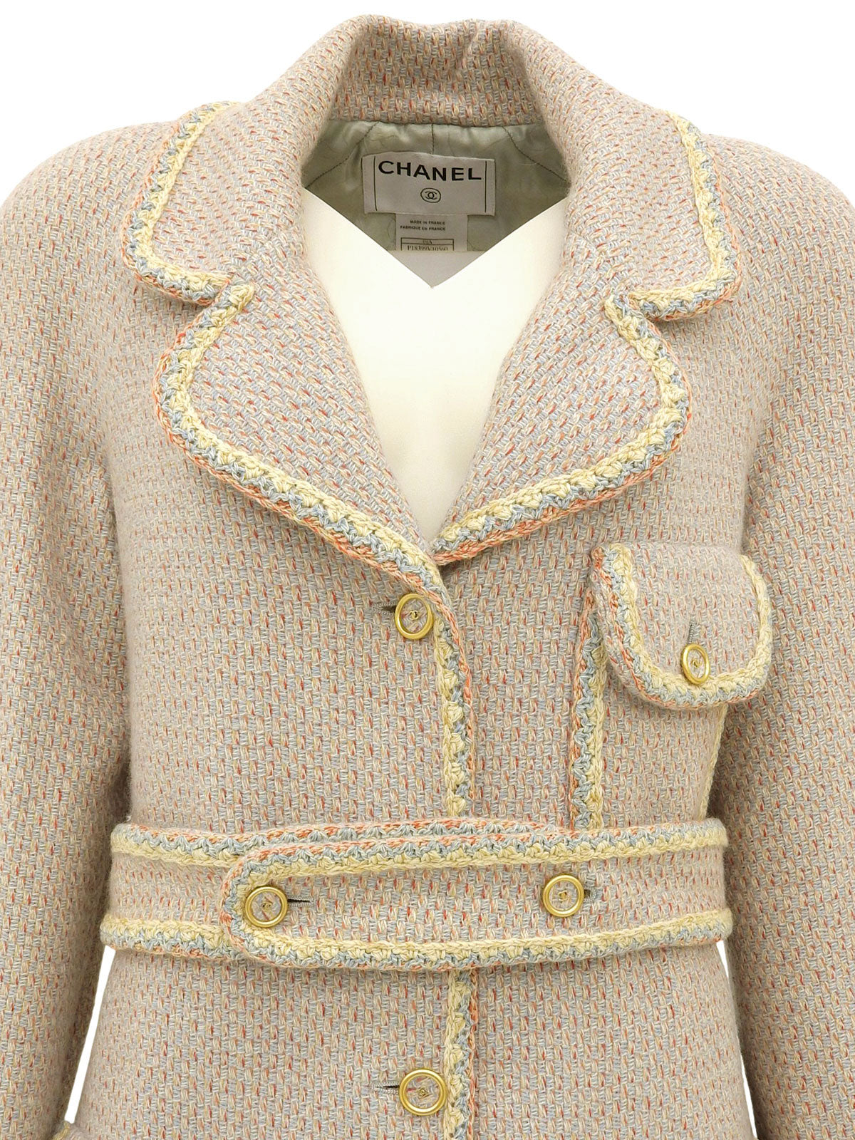 2001年製　カシミヤツイードクリアCCマークボタンコート　ベイビーブルー/マルチ