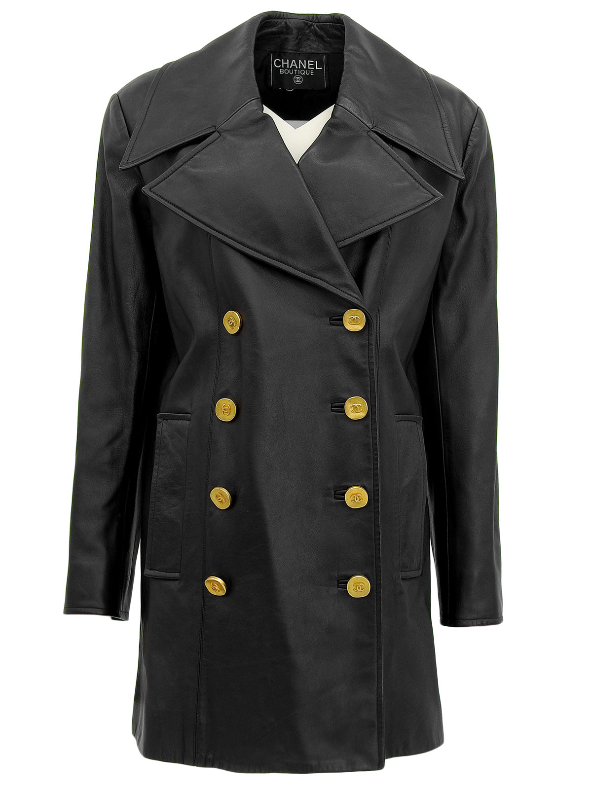 CCマークボタンレザーコート ブラック