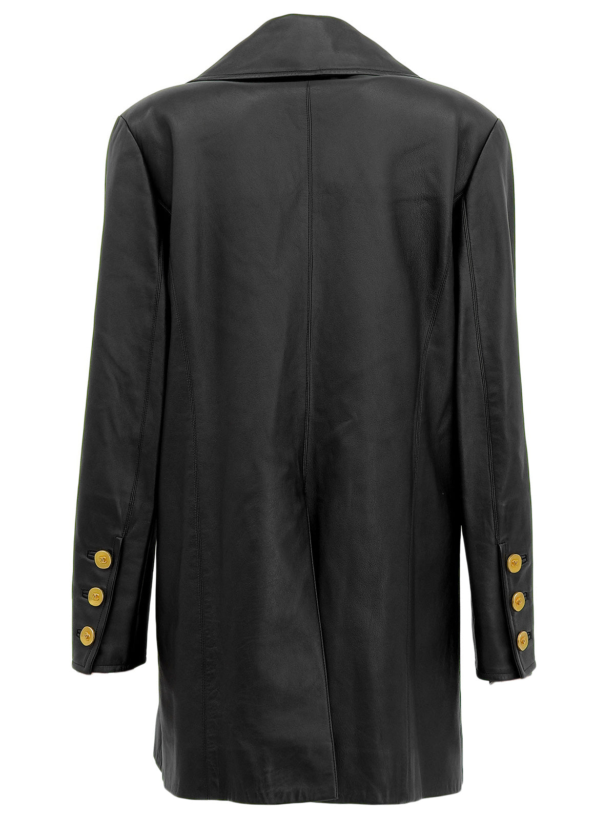 CCマークボタンレザーコート　ブラック