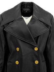 CCマークボタンレザーコート　ブラック