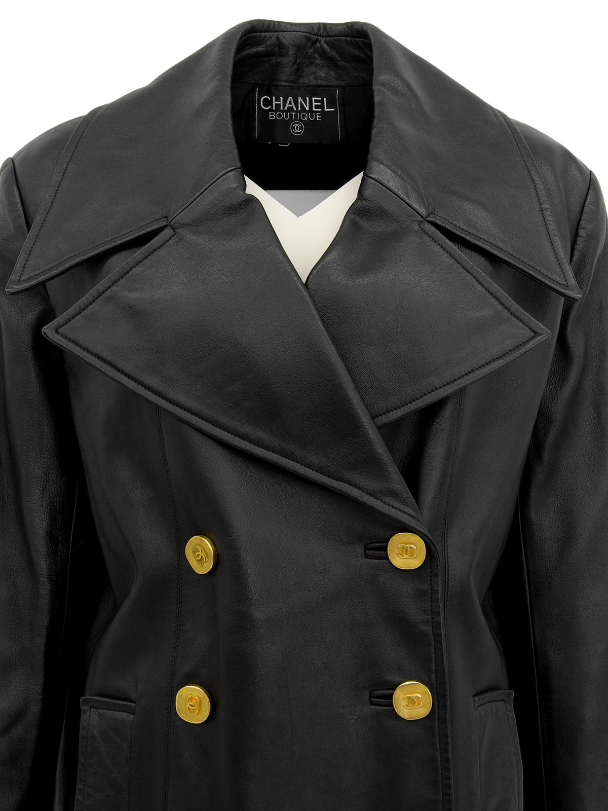 CCマークボタンレザーコート ブラック