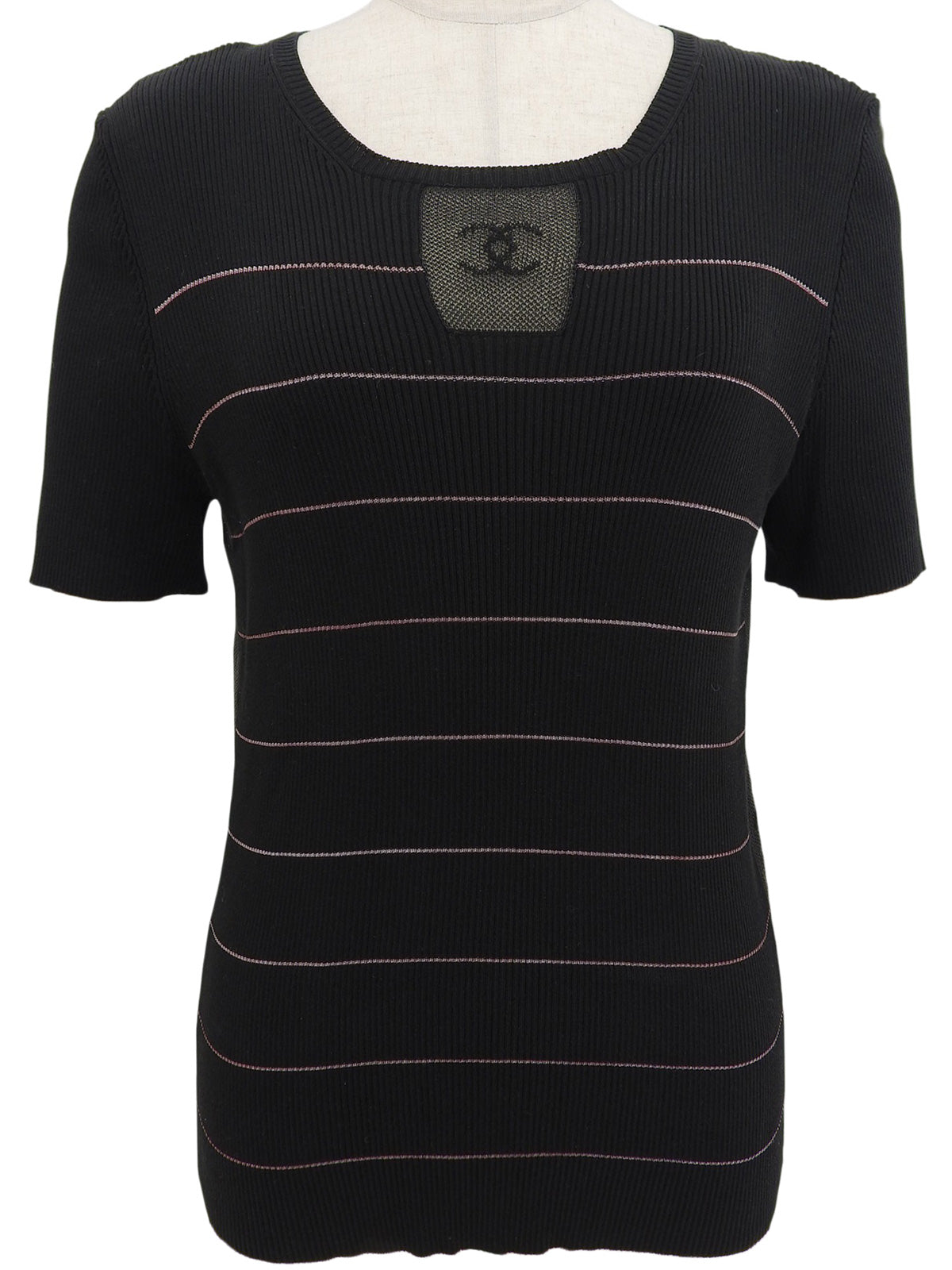 2004年製 ボーダーパターンメッシュCCマーク半袖ニットトップス ブラック/ピンク