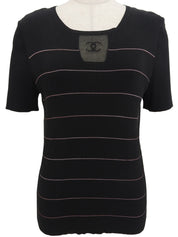 2004年製 ボーダーパターンメッシュCCマーク半袖ニットトップス ブラック/ピンク