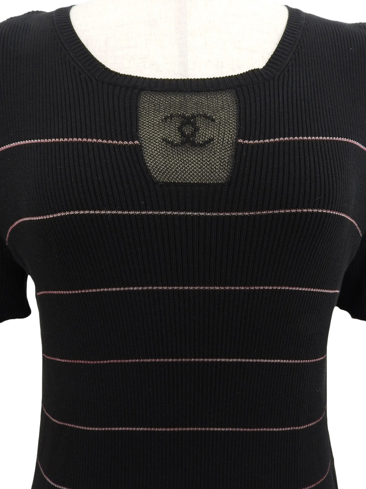 2004年製 ボーダーパターンメッシュCCマーク半袖ニットトップス ブラック/ピンク