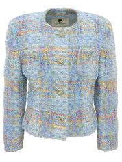 ツイードラインストーンボタンノーカラージャケット ライトブルー/マルチ