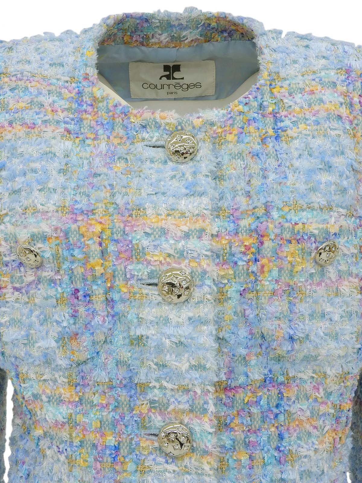 ツイードラインストーンボタンノーカラージャケット ライトブルー/マルチ