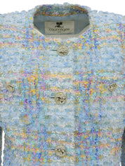 ツイードラインストーンボタンノーカラージャケット ライトブルー/マルチ