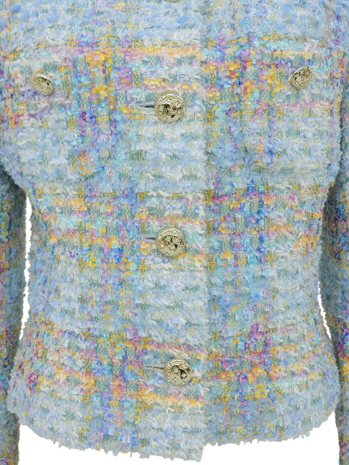 ツイードラインストーンボタンノーカラージャケット ライトブルー/マルチ