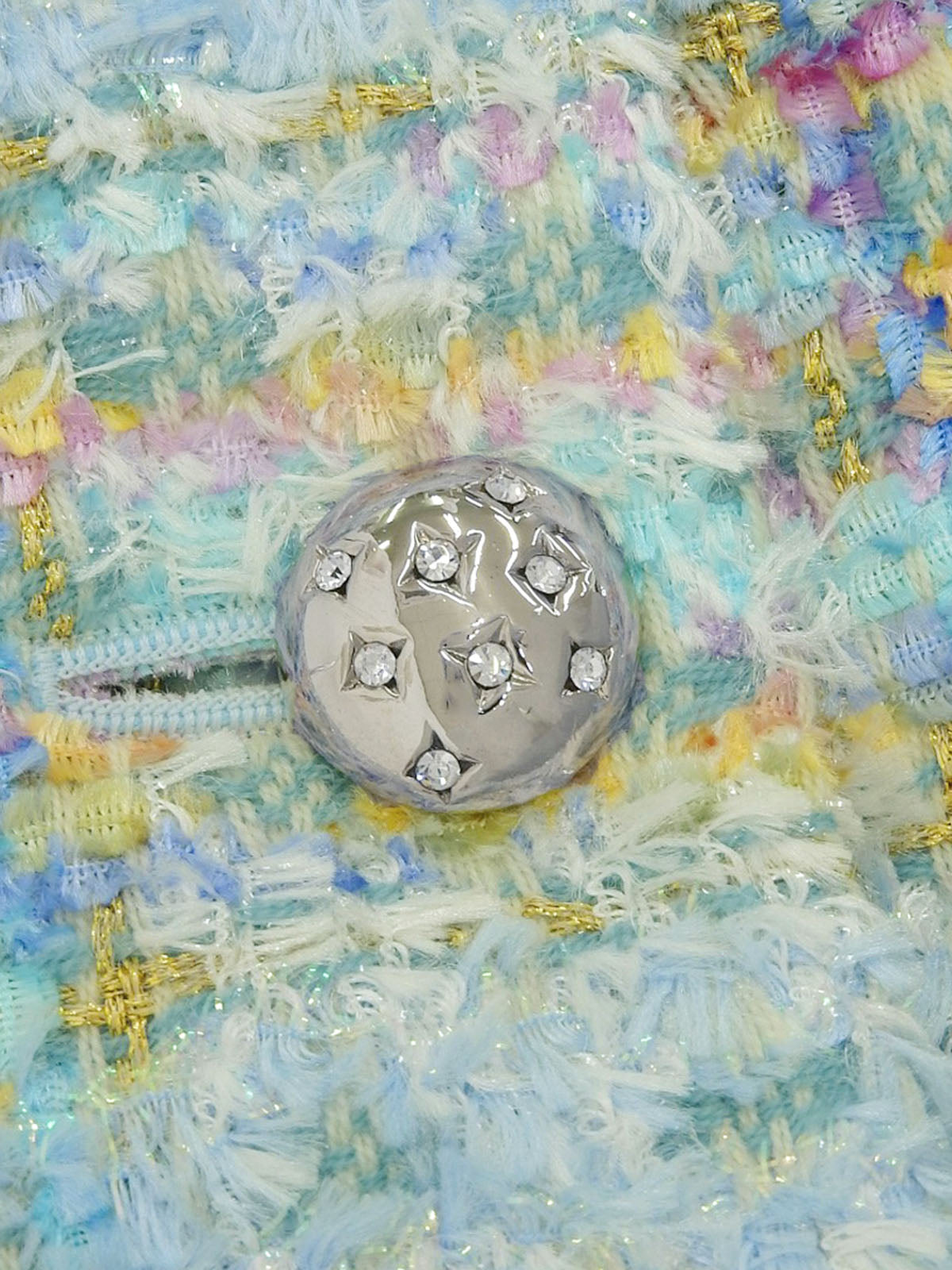 ツイードラインストーンボタンノーカラージャケット ライトブルー/マルチ