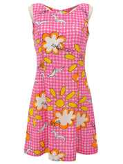 粉色花朵格纹无袖连衣裙