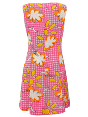 粉色花朵格纹无袖连衣裙