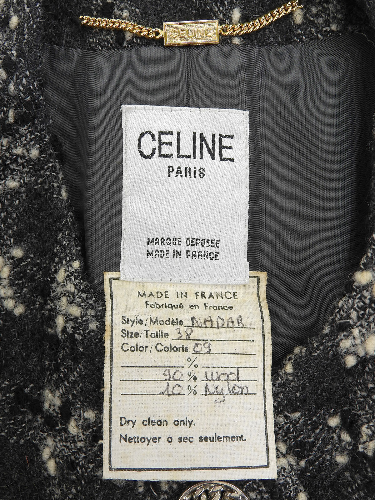 Tweed chain macadam button collarless jacket in gray/black/white
