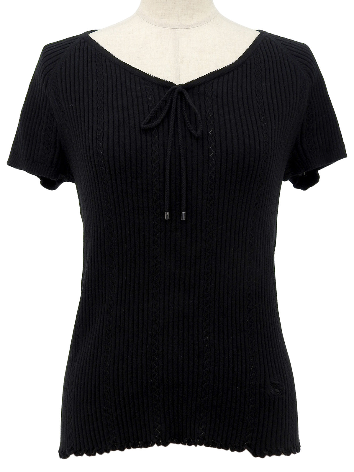 ロゴ刺繍コットン半袖ニットトップス ブラック