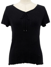 Logo Embroidered Cotton Half Sleeve Knit Top in Black