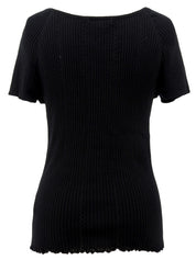 Logo Embroidered Cotton Half Sleeve Knit Top in Black