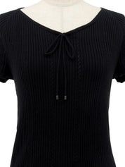 Logo Embroidered Cotton Half Sleeve Knit Top in Black