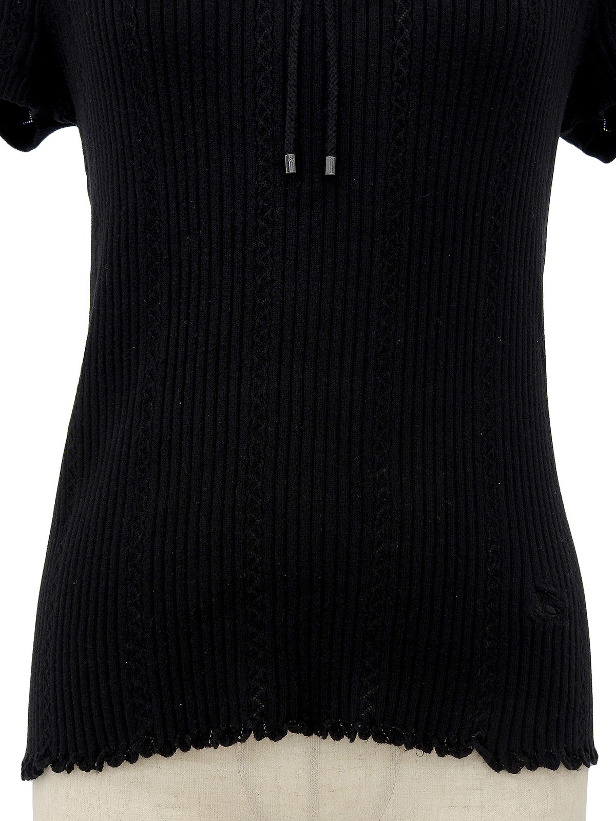 Logo Embroidered Cotton Half Sleeve Knit Top in Black