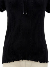 Logo Embroidered Cotton Half Sleeve Knit Top in Black