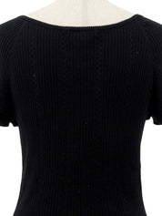 Logo Embroidered Cotton Half Sleeve Knit Top in Black