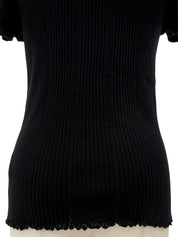 Logo Embroidered Cotton Half Sleeve Knit Top in Black