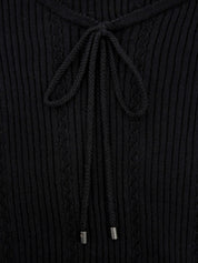 Logo Embroidered Cotton Half Sleeve Knit Top in Black