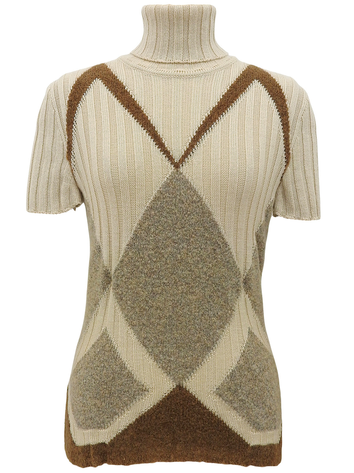 ウールダイヤパターン半袖タートルネックニットトップス ベージュ/ブラウン
