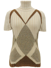 ウールダイヤパターン半袖タートルネックニットトップス ベージュ/ブラウン
