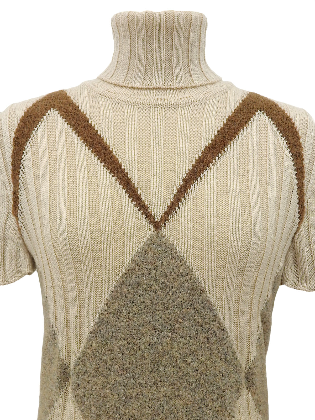 ウールダイヤパターン半袖タートルネックニットトップス ベージュ/ブラウン