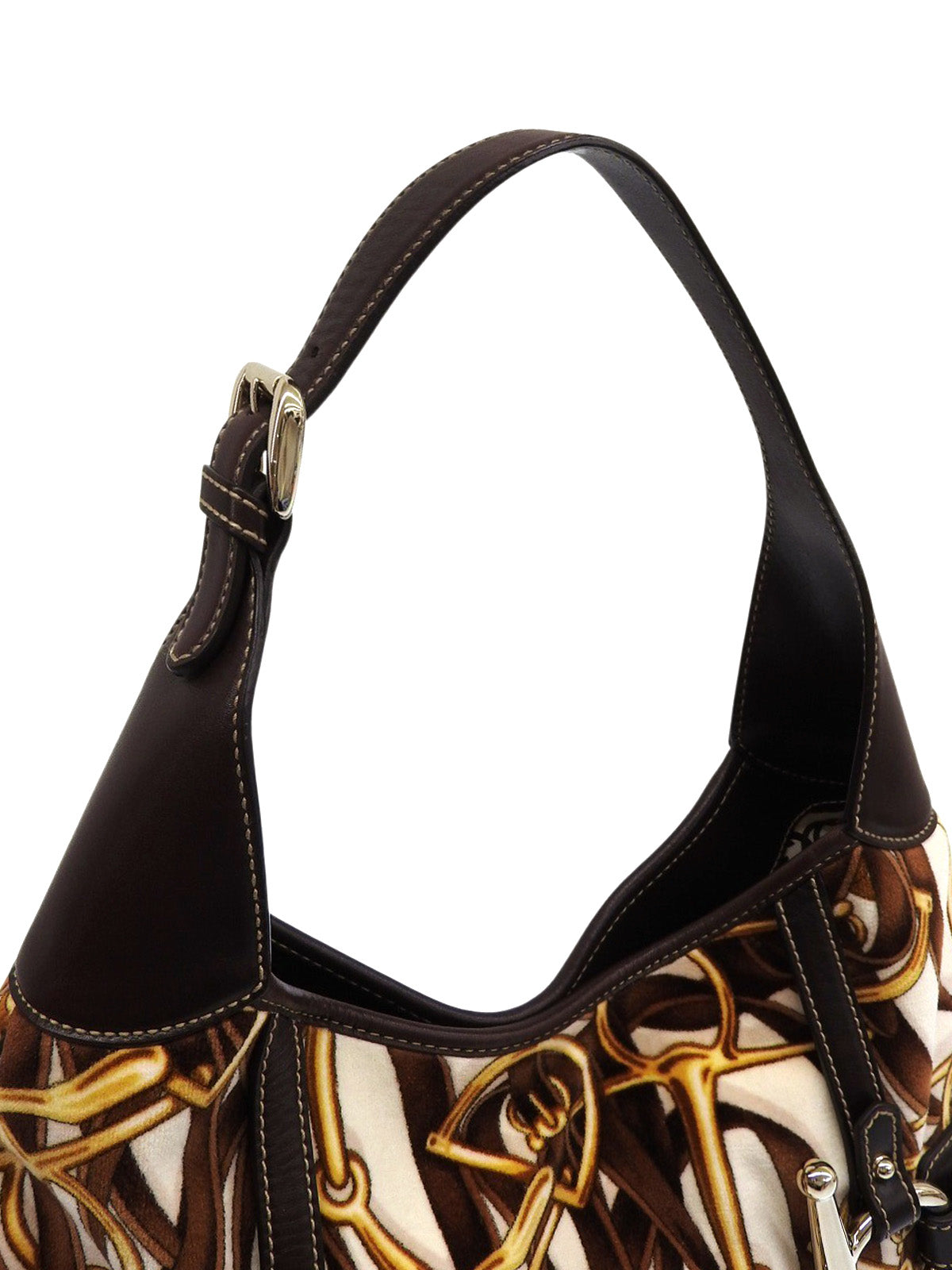 Velour and leather combination horsebit plate one-shoulder bag in brown/multi