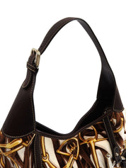Velour and leather combination horsebit plate one-shoulder bag in brown/multi