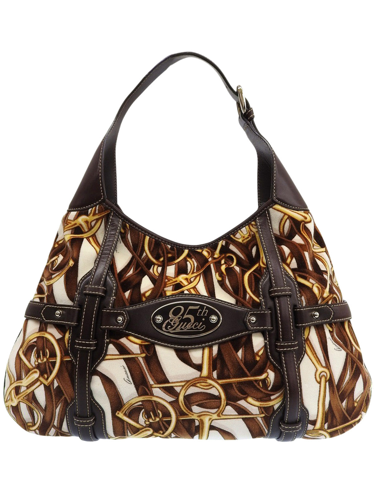 Velour and leather combination horsebit plate one-shoulder bag in brown/multi