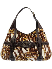 Velour and leather combination horsebit plate one-shoulder bag in brown/multi