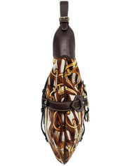 Velour and leather combination horsebit plate one-shoulder bag in brown/multi
