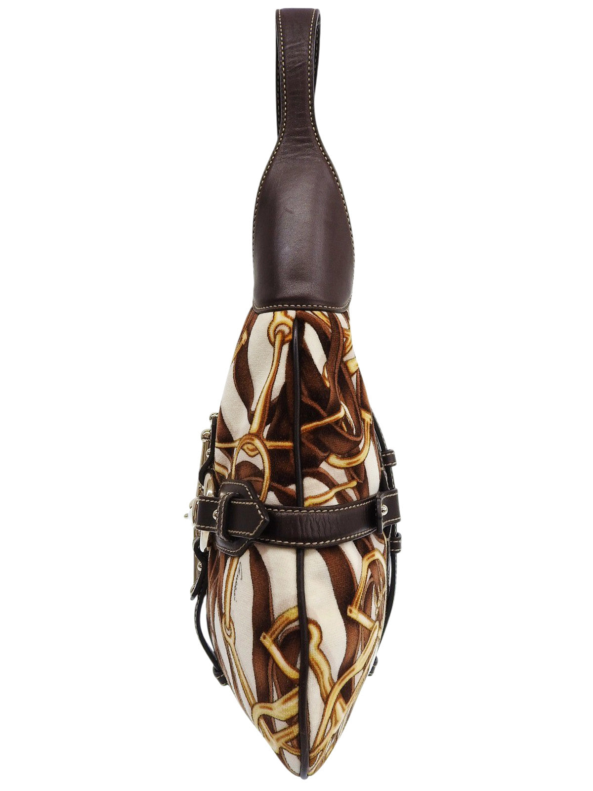 Velour and leather combination horsebit plate one-shoulder bag in brown/multi