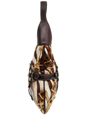 Velour and leather combination horsebit plate one-shoulder bag in brown/multi