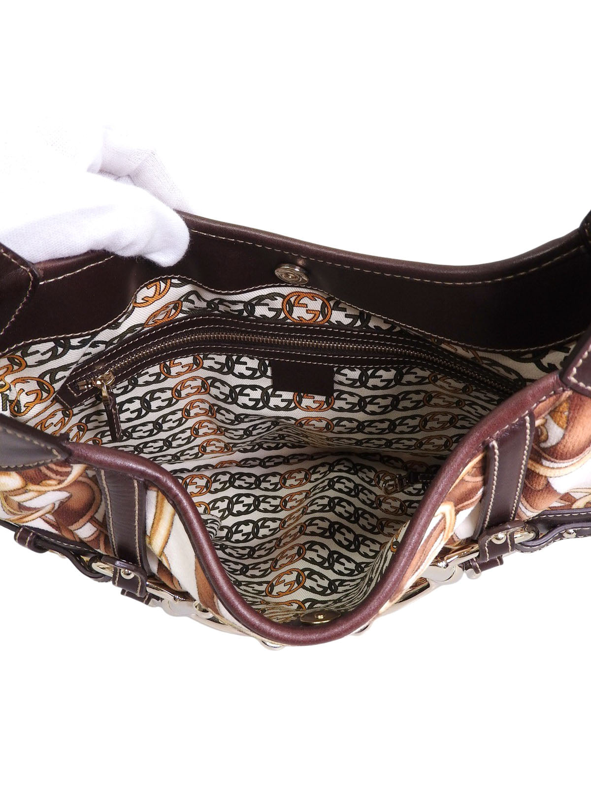Velour and leather combination horsebit plate one-shoulder bag in brown/multi