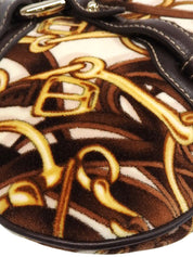 Velour and leather combination horsebit plate one-shoulder bag in brown/multi