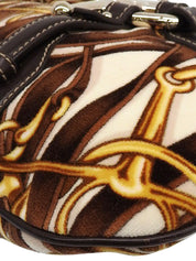 Velour and leather combination horsebit plate one-shoulder bag in brown/multi