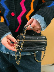 1985-1990 Bicolor Stitch CC Mark Charm 2-Way Vanity Bag, Black