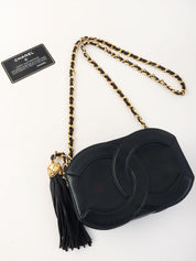 Circa 1990 CC Mark Stitch Tassel Chain Shoulder Bag Black