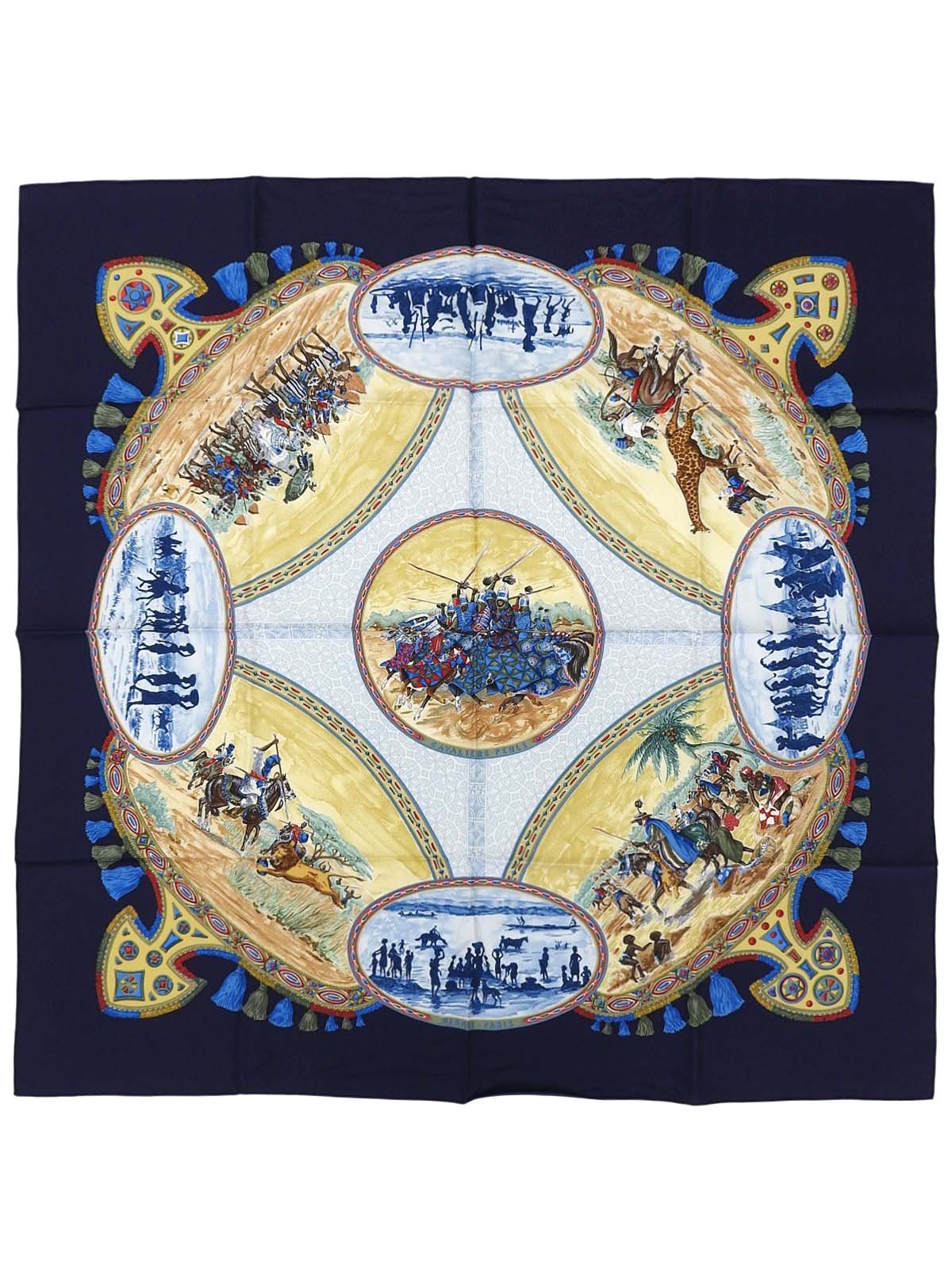 カレ90 cavaliers peulsパターンスカーフ ネイビー